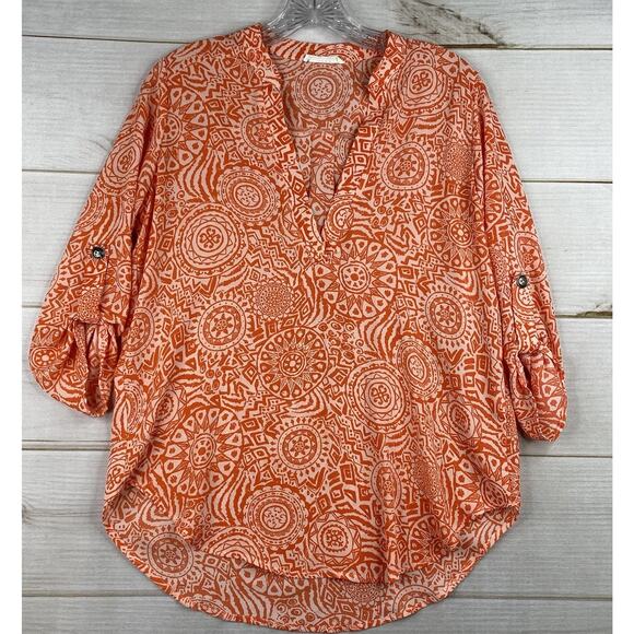 Lush Womens Top Sz S Orange Geometric Print Roll Up Sleeve V Neck Flowy Colorful - Picture 1 of 10